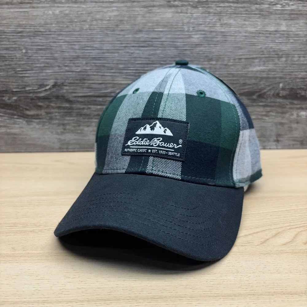 Eddie Bauer Hat Cap‎ Strap Back Green Black Gray Plaid Patch Outdoor Hiking NWT